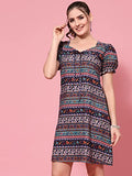 Oomph! Women'S Western & Fusion Wear Mini/Short Sheath Multicolor Dress In Crepe Fabric With U - Neck And Puff Sleeves - Md608Xl