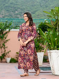 Anni Designer Women'S Cotton Blend Straight Printed Kurta With Pant (Kaisen Wine_Xl_Wine_X-Large),Wine,XL,Rayon Blend,Regular,Kurta