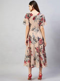 Smowkly Women'S Georgette Floral Printed Indo-Western Ethnic Gown || Half Sleeve V Neck Fit & Flare Flared Hem Design || Casual Wear A-Line Maxi Dress 1327_Bg_M Beige