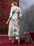 Anni Designer Women'S Cotton Blend Straight Printed Kurta With Palazzo (Swans Peach_S_Peach_Small),Peach,S,Cotton Blend,Regular,Kurta, Pants