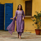 Anni Designer Women'S Cotton Blend Embroidered Straight Kurta With Pant & Dupatta (Kasturi Purple_Xl_Purple_X-Large),Purple,XL,Cotton Blend,Regular,Dupatta