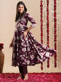 Anni Designer Women'S Rayon Blend Anarkali Printed Kurta With Pant (Damian Wine_3Xl_Wine_Xxx-Large),Wine,3XL,Rayon Blend,Anarkali,