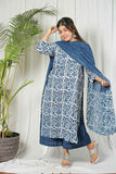 Anni Designer Women'S Cotton Blend Straight Printed Kurta Set With Palazzo & Dupatta (Nazneen Blue_M_Blue_Medium),Blue,M,Cotton Blend,Nazneen Blue_785,Kurta, Scarf