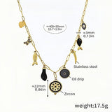 Black Boho Charm Necklace Gold Stainless Steel Chain with Black Enamel & Zircon Accents Multi-Charm Statement Necklace 15.7 +