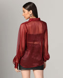 OM SAI LATEST CREATION Tops for Women || Transparent Mesh Long Cuff Sleeves Shirt Tops for Women || Shirt Style Tops for Women || Button Down Shirts || Sheer Shirt for Women. (X-Large Red),Red