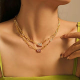Gold Link Chain Necklace with Clear Zircon Heart & Square Charm 18K Gold Plated Titanium Steel Adjustable 21.2 + 1.96 Elegant