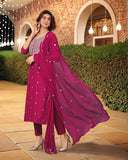 Anni Designer Women'S Rayon Viscose Straight Embroidered Kurta With Pant & Dupatta (Kasturi Pink-Vks04_L_Pink_Large),Pink,L,Rayon Viscose,Regular,