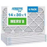 Aerostar 14x30x1 MERV 8 Pleated Air Filter, AC Furnace Air Filter, 6 Pack (Actual Size: 13 7/8 x 29 7/8 x 3/4)