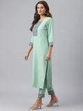 Anni Designer Women'S Cotton Blend Straight Printed Kurta With Pant & Dupatta (Jam001-Green_Xxl_Dark Blue_Xx-Large),Green,2XL,Cotton Blend,Regular,Dupatta