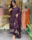 Anni Designer Women'S Rayon Blend Anarkali Printed Kurta With Pant & Dupatta (Gangori Wine_Xl_Wine_X-Large),Wine,XL,Rayon Blend,Anarkali,