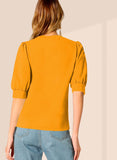 Wedani Women'S Casual Puff Sleeves Round Collor Solid Top (Medium Mustard),Mustard,M,Polyester,Regular,