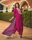 Anni Designer Women'S Rayon Viscose Straight Embroidered Kurta With Pant & Dupatta (Kasturi Pink-Vks04_Xl_Pink_X-Large),Pink,XL,,,