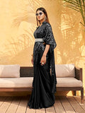 Womanista Women'S Belted Satin Kaftan Black Saree With Un-Stitched Blouse