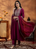 Libas Womens Yoke Design Silk Blend A-Line Kurta With Palazzos And Dupatta Maroon As Shown