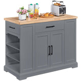 Yaheetech Rolling Kitchen Island with Thicker Rubberwood Countertop, Kitchen Cart on Hidden Wheels with 3 Drawers & Open Shelves