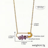 Gold Safety Pin Necklace with Amethyst Stones Stainless Steel Chain Pendant Dainty Crystal Statement Jewelry (15.7in + 1.9in)