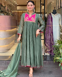 Anni Designer Women'S Rayon Viscose Embroidered Anarkali Kurta With Pant & Dupatta (Brics Pista_M_Pista_Medium),Pista,M,Rayon,Anarkali,