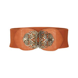 Syga WomenS Pu Leather Cinch Belt With Vintage Floral Antique Metal Buckle, Stretchable Waistband For Dresses Beige