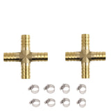 Kenhihi 2 Pcs 5/16 (8mm) brass hose barb joint 4-way cross barb splicing repair union, with 8 oil water air hose clamps, (+type