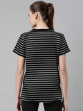 Enamor Athleisure Relaxed Fit Short Sleeve Round Neck Antimicrobial Finish Breathable Stretch Cotton Activewear Sports Tshirt for Women-A3S1 (A3S1_Jet Black Stripe/Be Here Now Graphic_L),Jet Black Stripe/ Be
