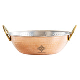 INDIAN ART VILLA Copper Kadai with Tin Lining, 9.2 Inch Diameter Cookware, Hammered Design, Brass Handles, Traditional Indian Co