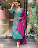 Anni Designer Women'S Cotton Blend Straight Printed Kurta With Pant & Dupatta (Down-Rama-Green_Xl_Green_X-Large),Rama Green,XL,Cotton Blend,Straight,Kurta, Scarf