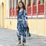 Anni Designer Women'S Cotton Blend Printed Straight Kurta With Palazzo Set (Hand Block Blue_S_Blue_Small),Blue,S,Cotton Blend,Regular,