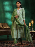 Libas Womens Printed Cotton Straight Kurta With Trousers And Dupatta Green 2Xl 48889