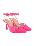 Women'S Magenta Satin High Heel Sandals Pointed Toe Party Heels With Rhinestone Bow & Ankle Strap Elegant Stilettos For Weddings & Events Eu39,Magenta,6,B0DK7F3D3S