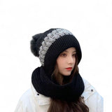 Famwrapz Woolen Scarf Cap Warm Knitted Winter Hat With Attached Neck Scarf For Men & Women, ColorBlack