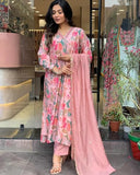 Anni Designer Women'S Rayon Blend Printed Straight Kurta With Pant & Dupatta (Maslin-Multi_3Xl_Peach_Xxx-Large),Peach,3XL,Rayon Blend,Regular,Kurta, Scarf