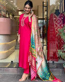 Anni Designer Women'S Rayon Blend Embroidered Straight Kurta With Pant & Dupatta (Ocb Pink_Xl_Pink_X-Large),Pink,XL,Rayon Blend,Regular,Kurta, Scarf