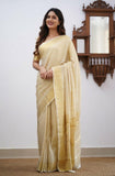 Flosive Womens Kanjivaram Silk Saree With Handloom Weaving Work With Blouse (Cream)