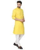 ashtang Mens Cotton Blend Solid Straight Kurta, Yellow, XL