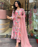 Anni Designer Women'S Rayon Blend Printed Straight Kurta With Pant & Dupatta (Maslin-Multi_S_Peach_Small),Peach,S,Rayon Blend,Regular,Kurta, Scarf