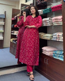 Anni Designer Women'S Cotton Blend Straight Printed Kurta With Pant (Siwan Pink_M_Pink_Medium),Pink,M,Cotton Blend,Straight,