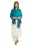 India Scarves Jamdani Stole, Teal Blue With Colorful Border Design, Traditional Handwoven Textile, 190X90 Cm