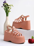 Shoetopia Women'S Peach Platform Sandals Chunky Wedge Gladiator Style|| Caged Straps & Adjustable Buckle Trendy Summer Footwear Eu39,Peach,6,B0C8D4T2XX