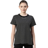 Enamor Athleisure Relaxed Fit Short Sleeve Round Neck Antimicrobial Finish Breathable Stretch Cotton Activewear Sports Tshirt for Women-A3S1 (A3S1_Jet Black Stripe/Be Here Now Graphic_L),Jet Black Stripe/ Be