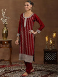 Libas Womens Embroidered Silk Blend Straight Kurta With Trousers And Dupatta Maroon L