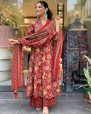 Anni Designer Women'S Rayon Blend Anarkali Printed Kurta With Palazzo & Dupatta (Cia Red-Vks01_S_Red_Small),Red,S,Rayon Blend,Anarkali,