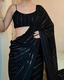 Flosive Women'S Thread Sequence Work Georgette Saree With Blouse (Black)