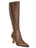 Coutgo Womens Knee High Boots Kitten Low Heel Pointed Toe Tall Boots Side Zipper Winter Dress Shoes, Dark Brown, size 10