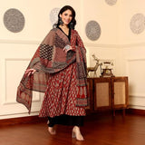 Anni Designer Women'S Rayon Viscose Anarkali Printed Kurta With Palazzo & Dupatta (Jathi Red_Xxl_Red_Xx-Large),Red,2XL,Rayon Blend,Classic,