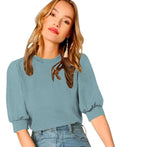 Wedani Women'S Casual Puff Sleeves Round Collor Solid Top (Medium Grey),Grey,M