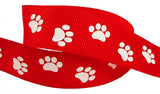 Paw Prints Ribbon for Crafts Grosgrain Ribbon for Gift Wrapping, Cheer Bows (10yd 7/8 White Paw, Red)