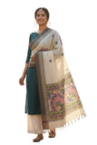 India Scarves Grey Peacock Hand Painted Madhubani Art Cotton Silk Dupatta