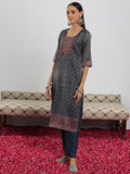Libas Womens Printed Silk Blend Straight Kurta With Trousers And Dupatta Blue Xl 49137