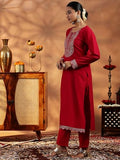 Libas Womens Embroidered Silk Blend Straight Kurta With Trousers And Dupatta Pink M