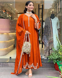 Anni Designer Women'S Rayon Viscose Anarkali Embroidered Kurta With Pant & Dupatta (Ranibai Orange_M_Orange_Medium),Orange,M,Rayon Blend,Classic,